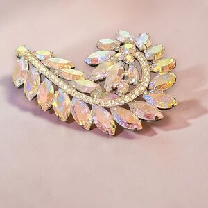 VTG AB Rhinestone Floral Leaf Brooch Pin Large 3" Silver Tone Estate Wedding